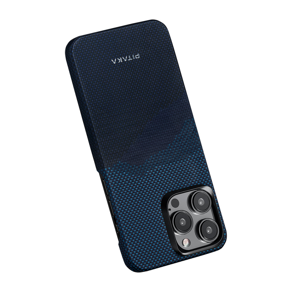 Apple iPhone 15 Pro Max Kılıf M-safe Şarj Özellikli Aramid Fiber Pitaka Tactile Woven Starpeak Serisi Over The Horizon Kapak Mavi