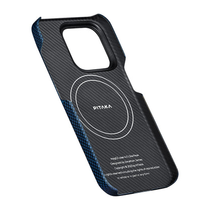 Apple iPhone 15 Pro Max Kılıf M-safe Şarj Özellikli Aramid Fiber Pitaka Tactile Woven Starpeak Serisi Over The Horizon Kapak Mavi