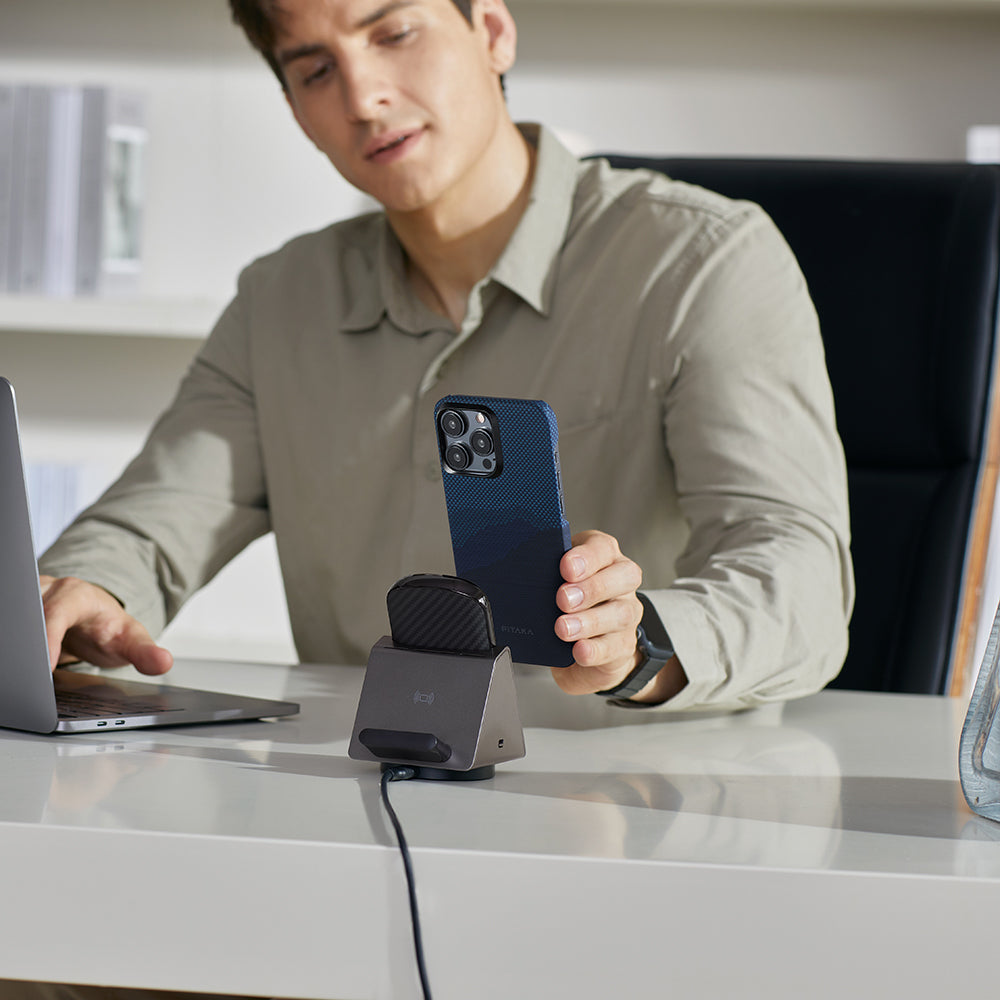 Apple iPhone 15 Pro Max Kılıf M-safe Şarj Özellikli Aramid Fiber Pitaka Tactile Woven Starpeak Serisi Over The Horizon Kapak Mavi