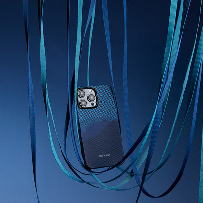 Apple iPhone 15 Pro Max Kılıf M-safe Şarj Özellikli Aramid Fiber Pitaka Tactile Woven Starpeak Serisi Over The Horizon Kapak Mavi