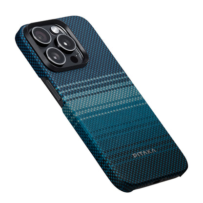 Apple iPhone 15 Pro Max Kılıf M-safe Şarj Özellikli Aramid Fiber Pitaka Tactile Woven Sunset-Moonrise Serisi Moonrise Kapak Mavi