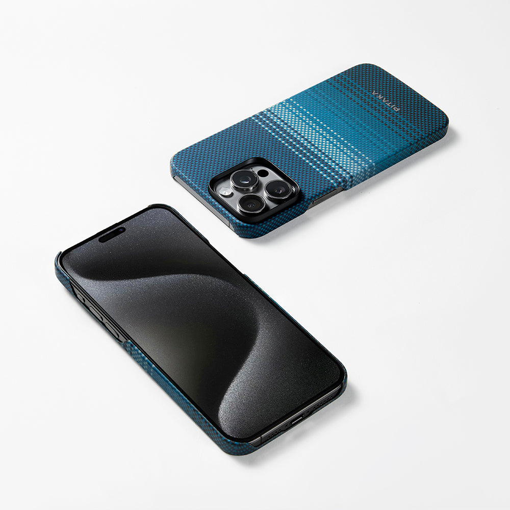 Apple iPhone 15 Pro Max Kılıf M-safe Şarj Özellikli Aramid Fiber Pitaka Tactile Woven Sunset-Moonrise Serisi Moonrise Kapak Mavi