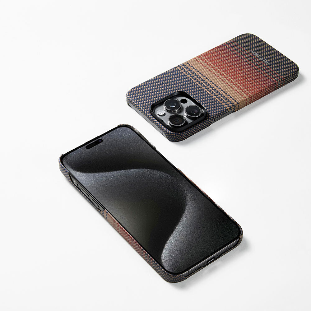 Apple iPhone 15 Pro Max Kılıf M-safe Şarj Özellikli Aramid Fiber Pitaka Tactile Woven Sunset-Moonrise Serisi Sunset Kapak Kahverengi