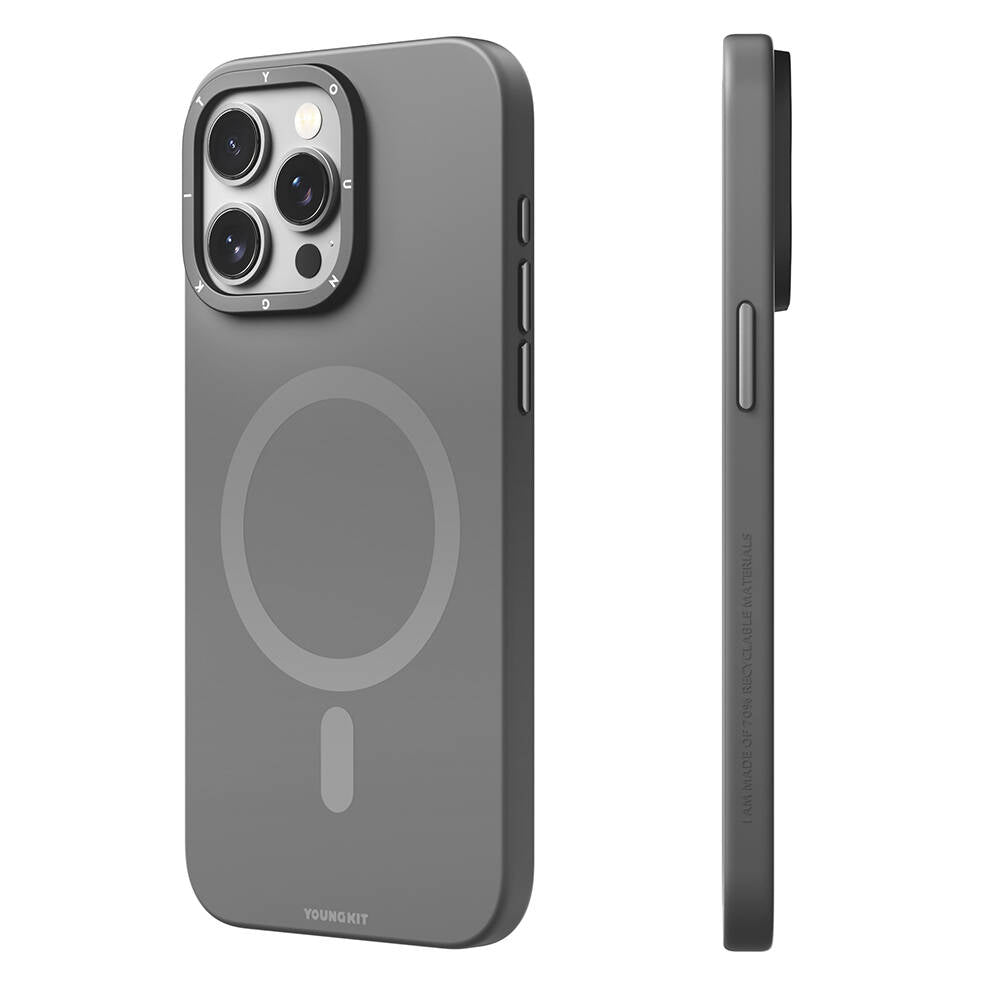 Apple iPhone 15 Pro Max Kılıf M-safe Şarj Özellikli Çizilmeye ve Aşınmaya Dayanıklı Youngkit Velvet Serisi Kapak Gri