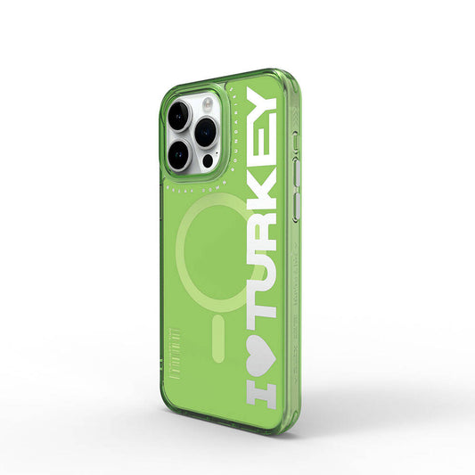 Apple iPhone 15 Pro Max Kılıf M-safe Şarj Özellikli I Love Turkey Yazı Desenli Wiwu Turkey E Serisi Kapak Turuncu