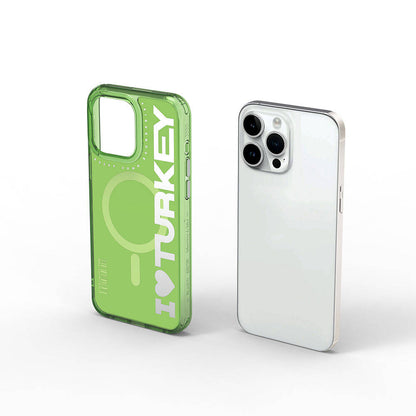 Apple iPhone 15 Pro Max Kılıf M-safe Şarj Özellikli I Love Turkey Yazı Desenli Wiwu Turkey E Serisi Kapak Siyah