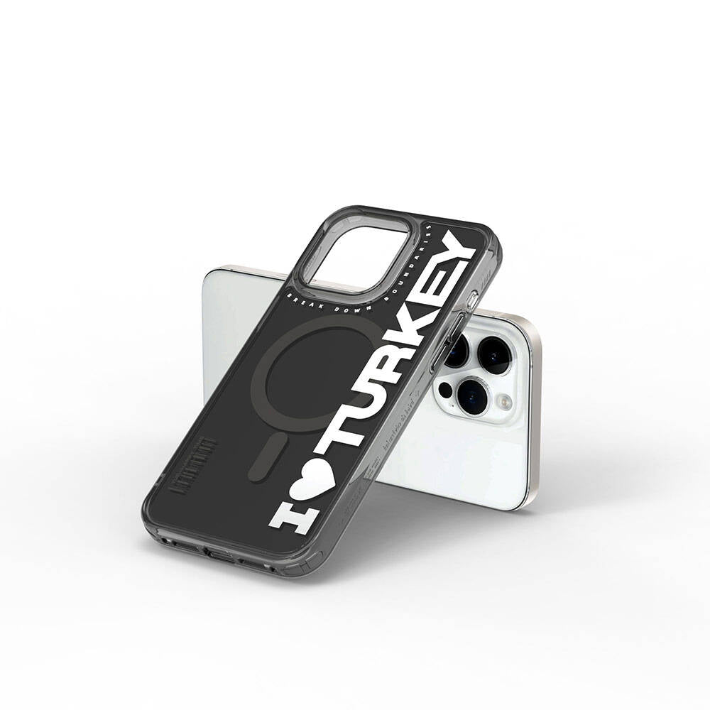 Apple iPhone 15 Pro Max Kılıf M-safe Şarj Özellikli I Love Turkey Yazı Desenli Wiwu Turkey E Serisi Kapak Turuncu