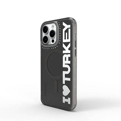 Apple iPhone 15 Pro Max Kılıf M-safe Şarj Özellikli I Love Turkey Yazı Desenli Wiwu Turkey E Serisi Kapak Siyah