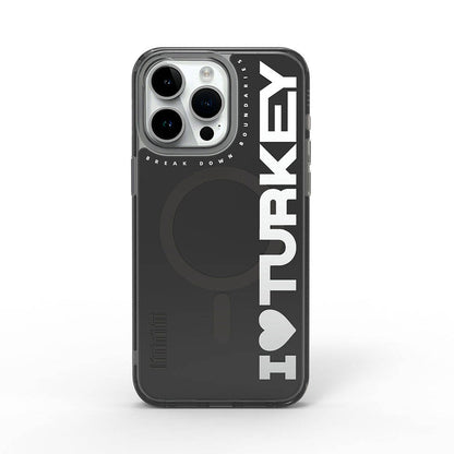 Apple iPhone 15 Pro Max Kılıf M-safe Şarj Özellikli I Love Turkey Yazı Desenli Wiwu Turkey E Serisi Kapak Siyah