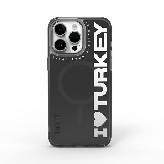 Apple iPhone 15 Pro Max Kılıf M-safe Şarj Özellikli I Love Turkey Yazı Desenli Wiwu Turkey E Serisi Kapak Siyah