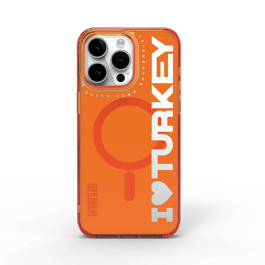Apple iPhone 15 Pro Max Kılıf M-safe Şarj Özellikli I Love Turkey Yazı Desenli Wiwu Turkey E Serisi Kapak Turuncu