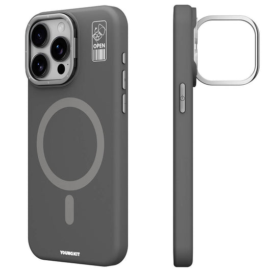 Apple iPhone 15 Pro Max Kılıf M-safe Şarj Özellikli Kamera Standlı Youngkit Bitty Cream Kapak Gri