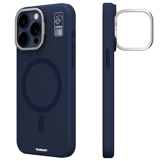 Apple iPhone 15 Pro Max Kılıf M-safe Şarj Özellikli Kamera Standlı Youngkit Bitty Cream Kapak Mavi