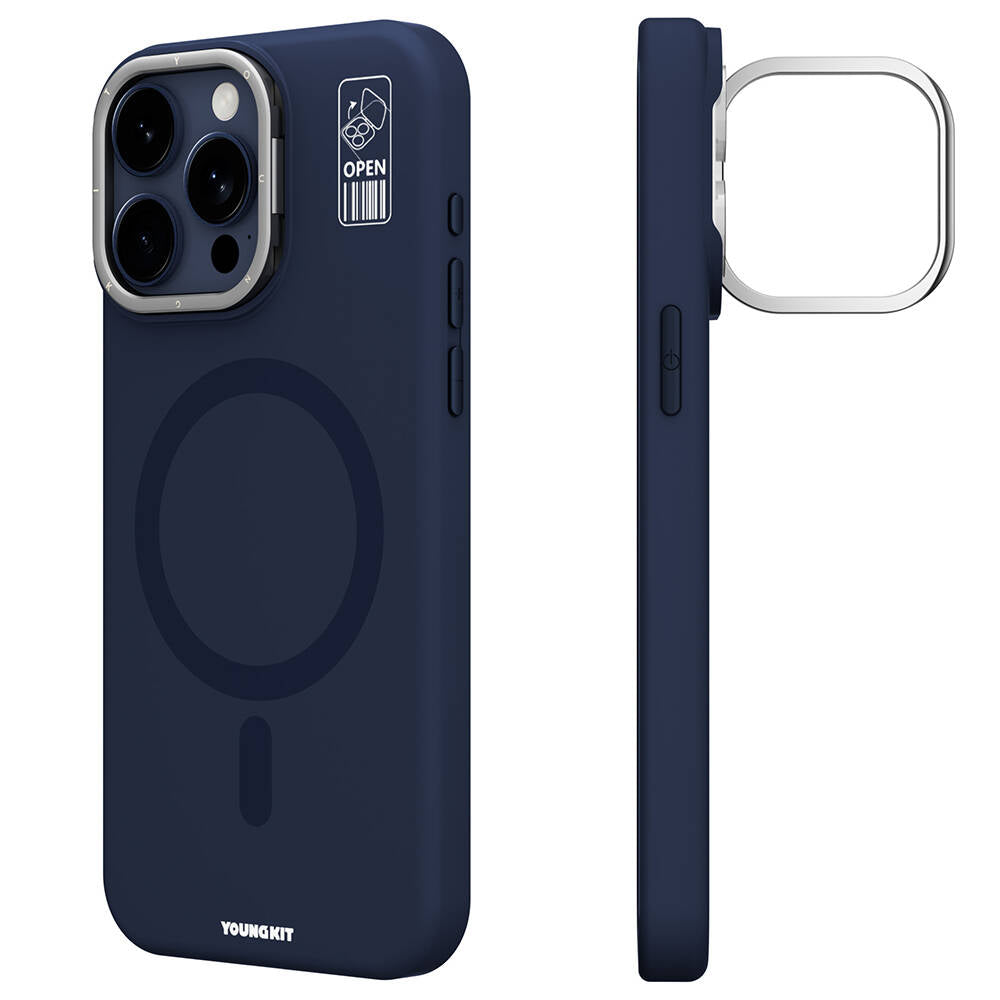 Apple iPhone 15 Pro Max Kılıf M-safe Şarj Özellikli Kamera Standlı Youngkit Bitty Cream Kapak Mavi