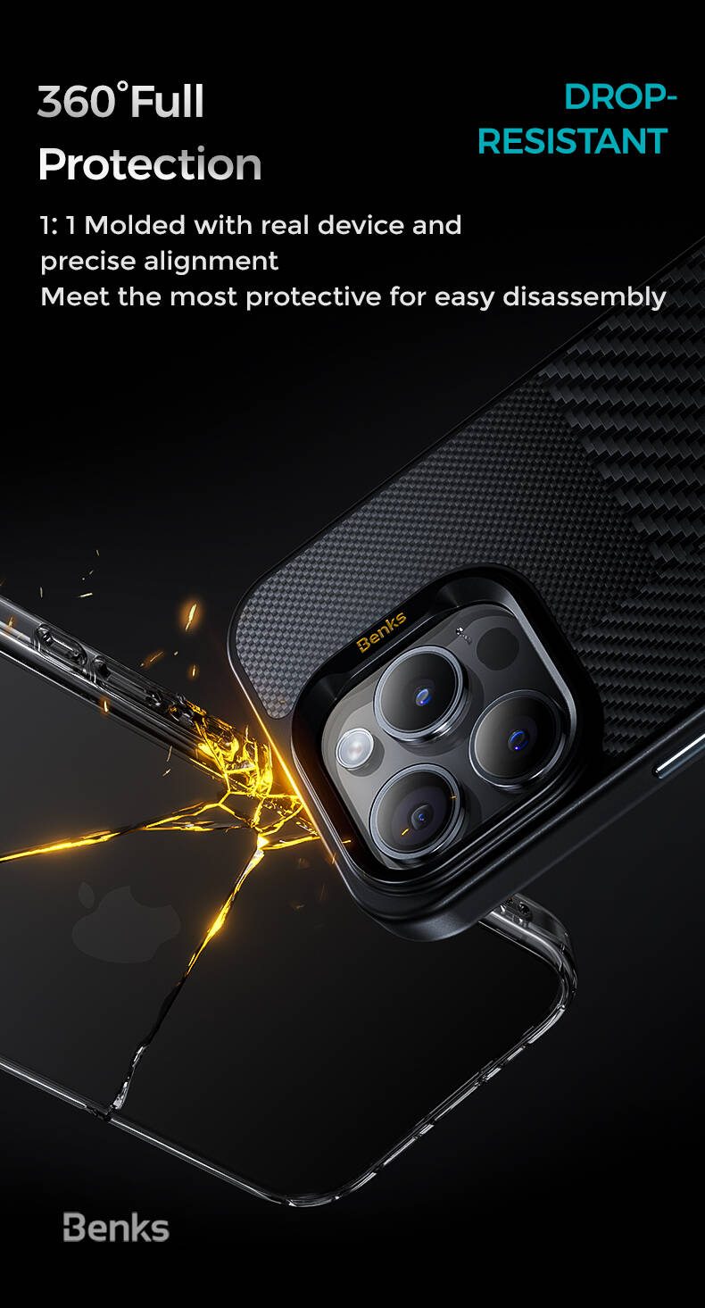 Apple iPhone 15 Pro Max Kılıf M-safe Şarj Özellikli Karbon Fiber Benks Montage Hybrid ArmorPro Kevlar Kapak Siyah