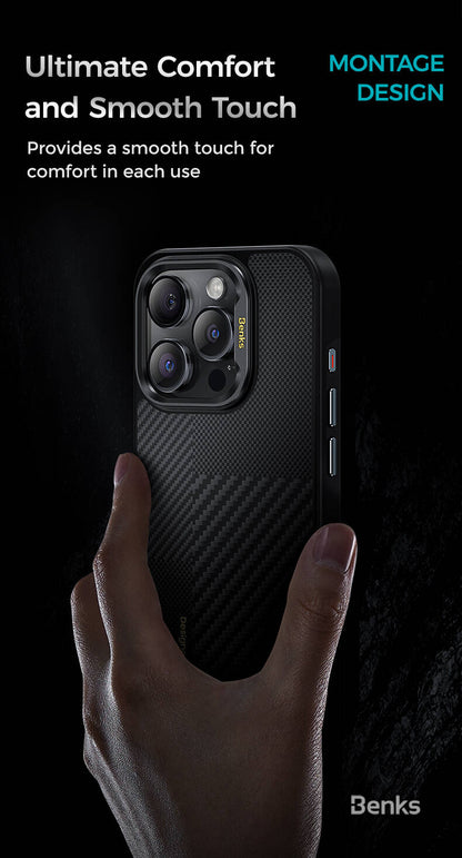 Apple iPhone 15 Pro Max Kılıf M-safe Şarj Özellikli Karbon Fiber Benks Montage Hybrid ArmorPro Kevlar Kapak Siyah