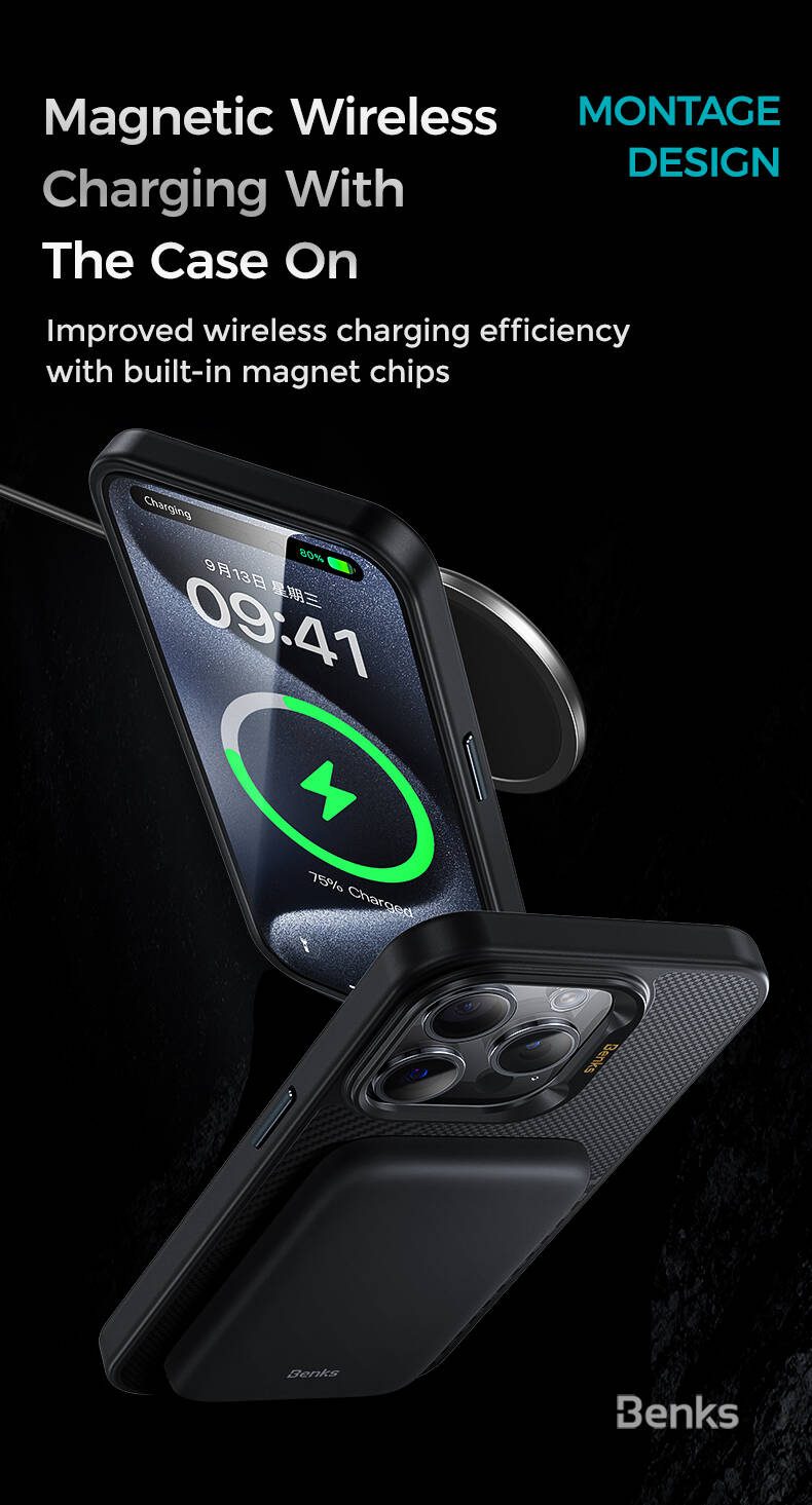 Apple iPhone 15 Pro Max Kılıf M-safe Şarj Özellikli Karbon Fiber Benks Montage Hybrid ArmorPro Kevlar Kapak Siyah