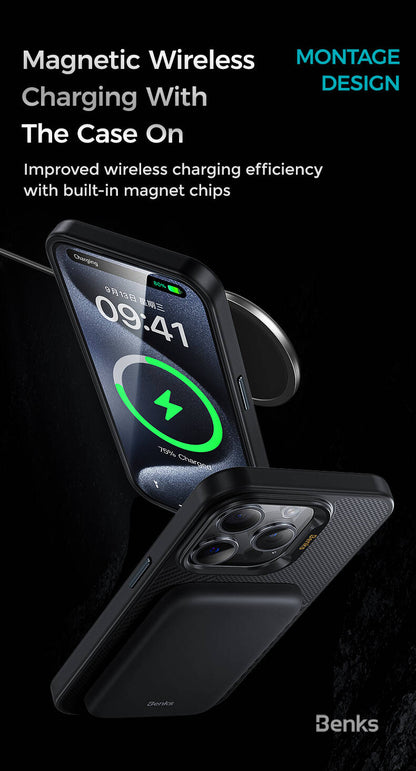 Apple iPhone 15 Pro Max Kılıf M-safe Şarj Özellikli Karbon Fiber Benks Montage Hybrid ArmorPro Kevlar Kapak Siyah