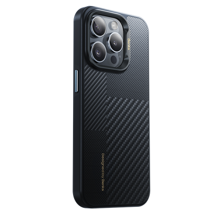 Apple iPhone 15 Pro Max Kılıf M-safe Şarj Özellikli Karbon Fiber Benks Montage Hybrid ArmorPro Kevlar Kapak Siyah