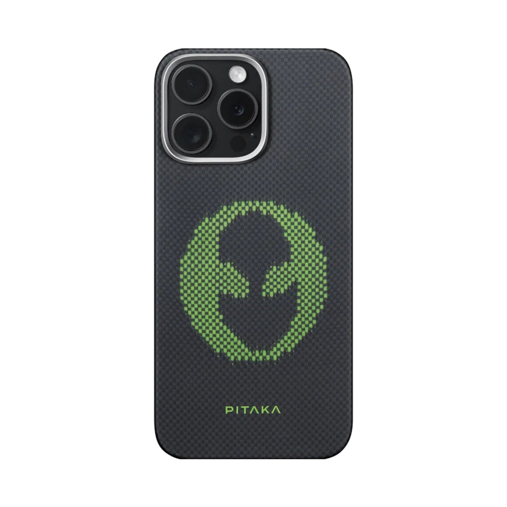 Apple iPhone 15 Pro Max Kılıf M-safe Şarj Özellikli Lumintex Teknolojili Fosforlu Aramid Fiber Pitaka Tactile Woven Aries Serisi Kapak Siyah