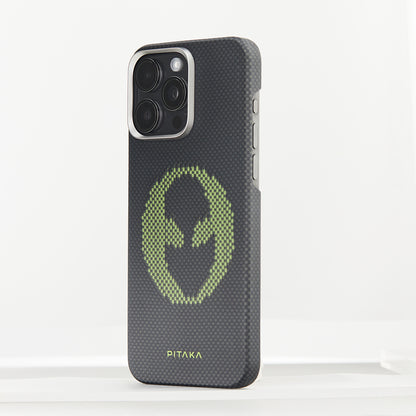 Apple iPhone 15 Pro Max Kılıf M-safe Şarj Özellikli Lumintex Teknolojili Fosforlu Aramid Fiber Pitaka Tactile Woven Aries Serisi Kapak Siyah-Mavi