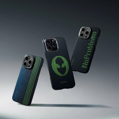 Apple iPhone 15 Pro Max Kılıf M-safe Şarj Özellikli Lumintex Teknolojili Fosforlu Aramid Fiber Pitaka Tactile Woven Aries Serisi Kapak Siyah