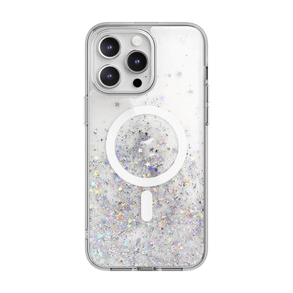 Apple iPhone 15 Pro Max Kılıf M-safe Şarj Özellikli Parlayan Simli Şeffaf Lisanslı Switcheasy Starfield-M Kapak