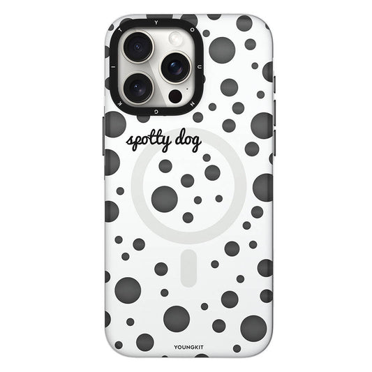 Apple iPhone 15 Pro Max Kılıf M-safe Şarj Özellikli Polka Dot Desenli Youngkit Spots Serisi Kapak Beyaz
