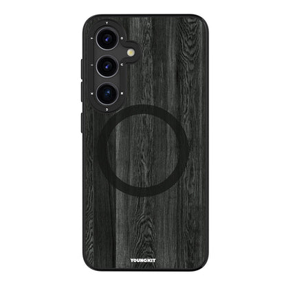 Galaxy S24 Kılıf M-safe Şarj Özellikli Sararmaya Dayanıklı Youngkit Wood Forest Serisi Kapak Siyah