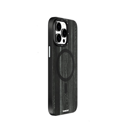 Apple iPhone 15 Pro Max Kılıf M-safe Şarj Özellikli Sararmaya Dayanıklı Youngkit Wood Forest Serisi Kapak Siyah