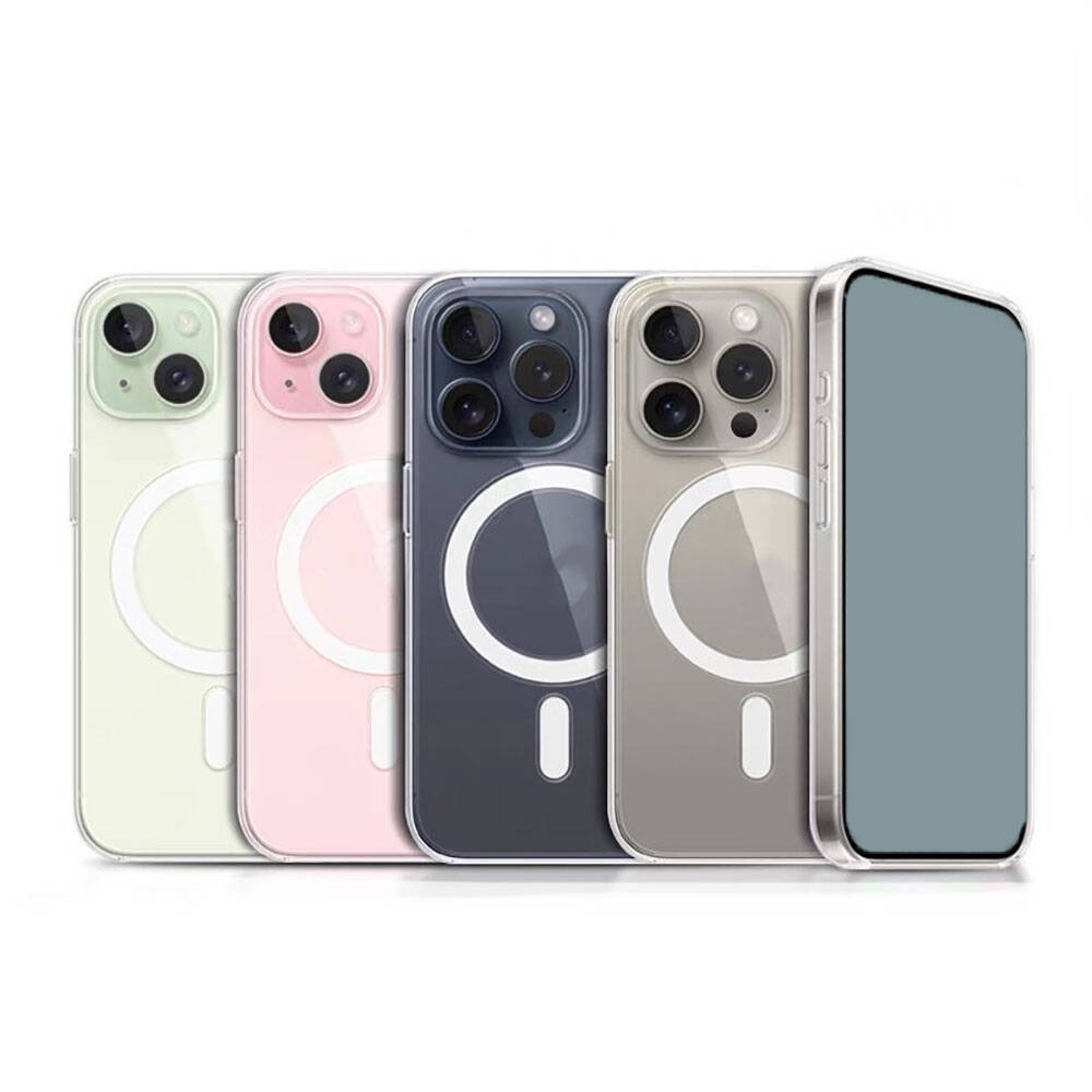 Apple iPhone 15 Pro Max Kılıf M-safe Şarj Özellikli Şeffaf Sert PC Zore Embos Kapak Renksiz