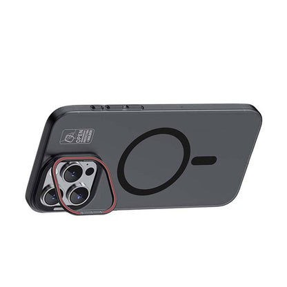 Apple iPhone 15 Pro Max Kılıf M-safe Şarj Özellikli Standlı Metal Kamera Çerçeveli Mat Recci Glaze Serisi Kapak Siyah