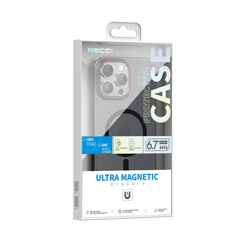 Apple iPhone 15 Pro Max Kılıf M-safe Şarj Özellikli Standlı Metal Kamera Çerçeveli Mat Recci Glaze Serisi Kapak Siyah