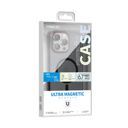 Apple iPhone 15 Pro Max Kılıf M-safe Şarj Özellikli Standlı Metal Kamera Çerçeveli Mat Recci Glaze Serisi Kapak Beyaz