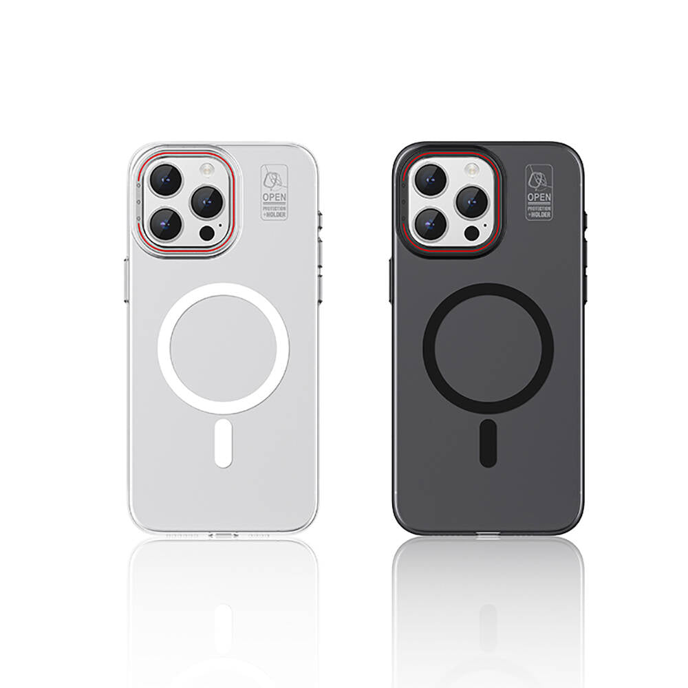 Apple iPhone 15 Pro Max Kılıf M-safe Şarj Özellikli Standlı Metal Kamera Çerçeveli Mat Recci Glaze Serisi Kapak Beyaz