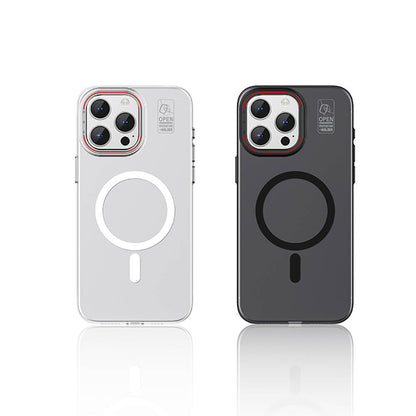 Apple iPhone 15 Pro Max Kılıf M-safe Şarj Özellikli Standlı Metal Kamera Çerçeveli Mat Recci Glaze Serisi Kapak Beyaz