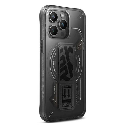 Apple iPhone 15 Pro Max Kılıf M-safe Şarj Özellikli Teknoloji Desenli Standlı Skinarma Helio Kapak Siyah