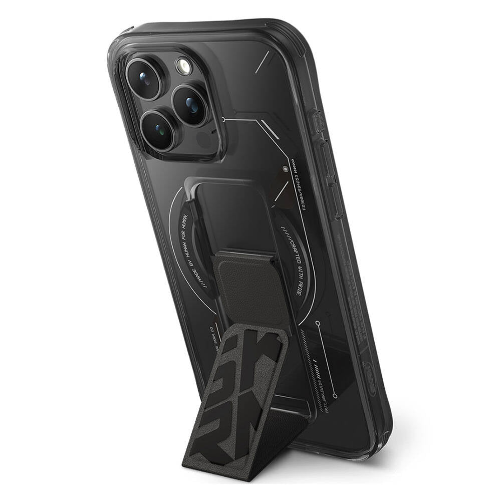 Apple iPhone 15 Pro Max Kılıf M-safe Şarj Özellikli Teknoloji Desenli Standlı Skinarma Helio Kapak Gri