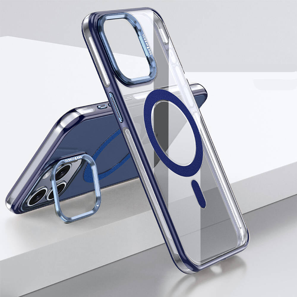 Apple iPhone 15 Pro Max Kılıf M-safe Şarj Özellikli Wlons Standlı Efsane Kapak Mavi