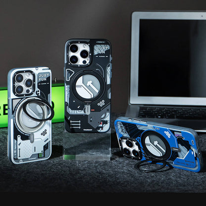 Apple iPhone 15 Pro Max Kılıf M-safe Şarj Özellikli Youngkit 360° Standlı Starship Serisi Kapak Beyaz