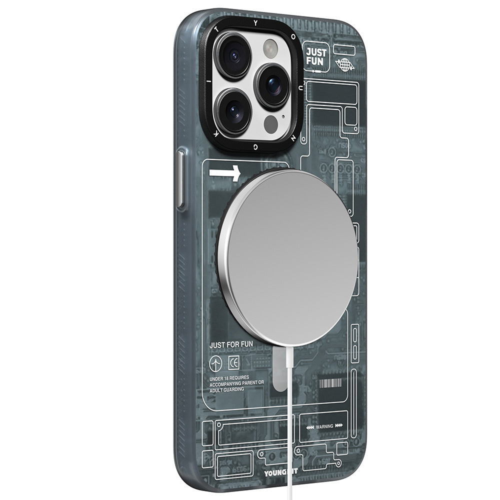 Apple iPhone 15 Pro Max Kılıf M-safe Şarj Özellikli Youngkit 360° Standlı Technology Serisi Kapak Mavi