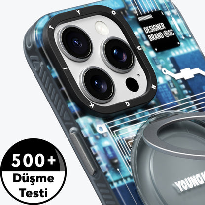 Apple iPhone 15 Pro Max Kılıf M-safe Şarj Özellikli Youngkit 360° Standlı Technology Serisi Kapak Mavi