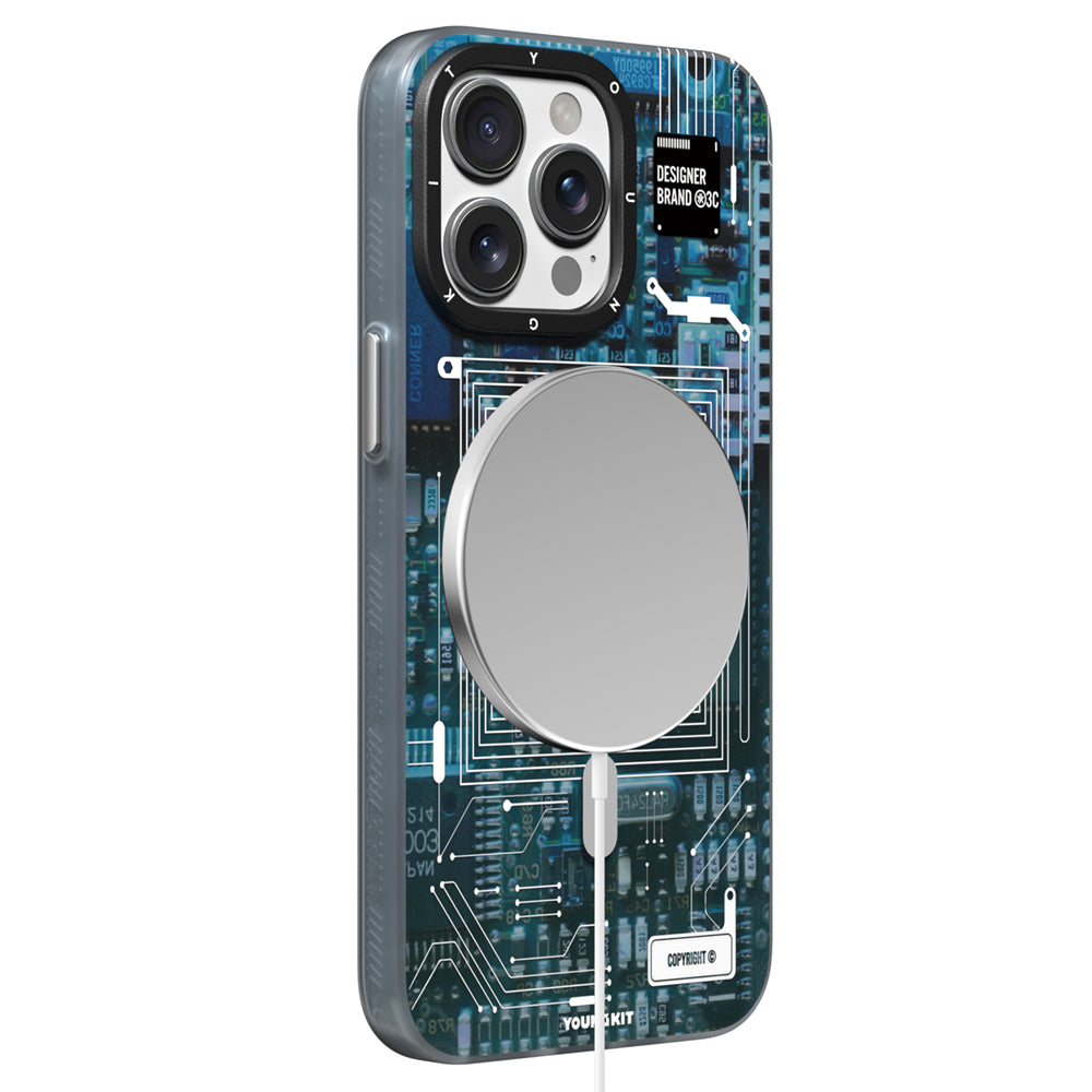 Apple iPhone 15 Pro Max Kılıf M-safe Şarj Özellikli Youngkit 360° Standlı Technology Serisi Kapak Mavi