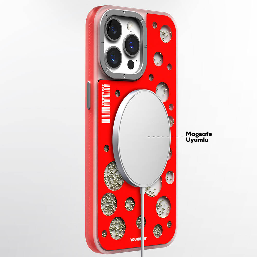 Apple iPhone 15 Pro Max Kılıf M-safe Şarj Özellikli Youngkit Quicksand Beads Serisi Kapak Kırmızı