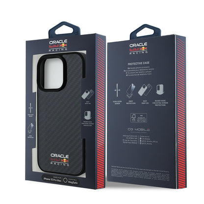 Apple iPhone 15 Pro Max Kılıf Redbull Orjinal Lisanslı M-safe Şarj Özellikli Karbon Fiber Tasarımlı Parlayan Logolu Kapak Siyah