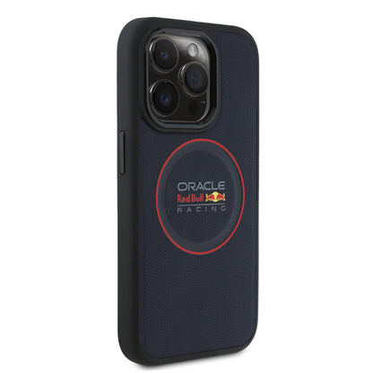 Apple iPhone 15 Pro Max Kılıf Redbull Orjinal Lisanslı M-safe Şarj Özellikli Kırmızı Halka ve Logo Kabartmalı PU Deri Kapak Lacivert