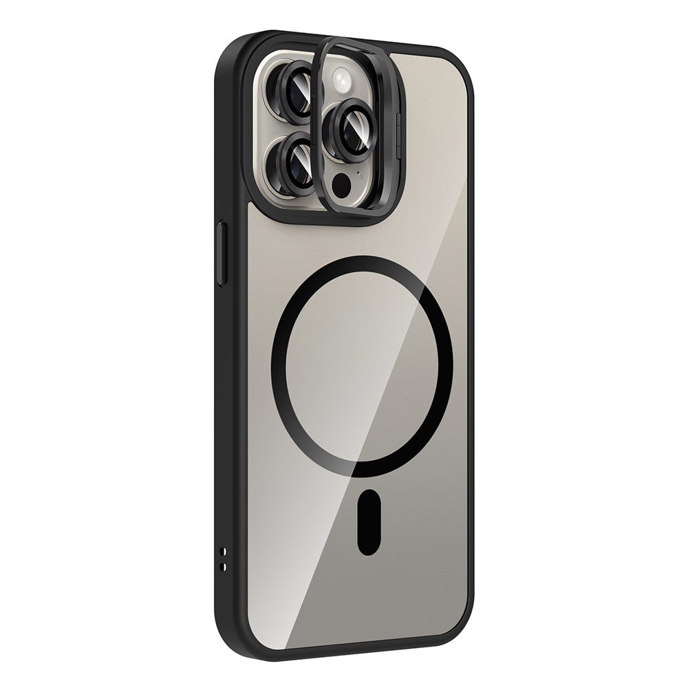 Apple iPhone 15 Pro Max Kılıf Standlı ve Kamera Lens Hediyeli M-Safe Şarj Özellikli Zore Etro Kapak Gri