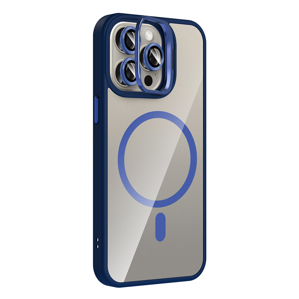 Apple iPhone 15 Pro Max Kılıf Standlı ve Kamera Lens Hediyeli M-Safe Şarj Özellikli Zore Etro Kapak Pembe