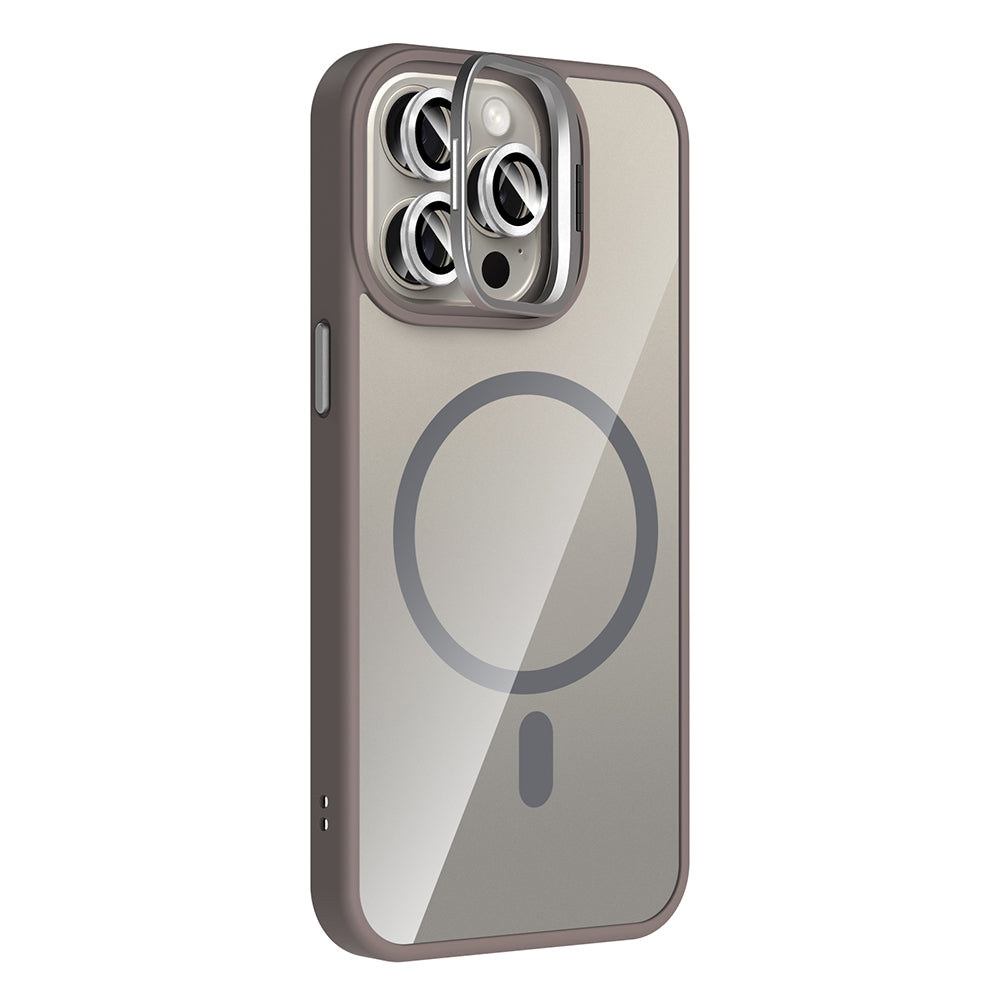 Apple iPhone 15 Pro Max Kılıf Standlı ve Kamera Lens Hediyeli M-Safe Şarj Özellikli Zore Etro Kapak Lacivert