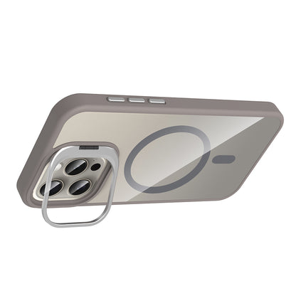 Apple iPhone 15 Pro Max Kılıf Standlı ve Kamera Lens Hediyeli M-Safe Şarj Özellikli Zore Etro Kapak Gri